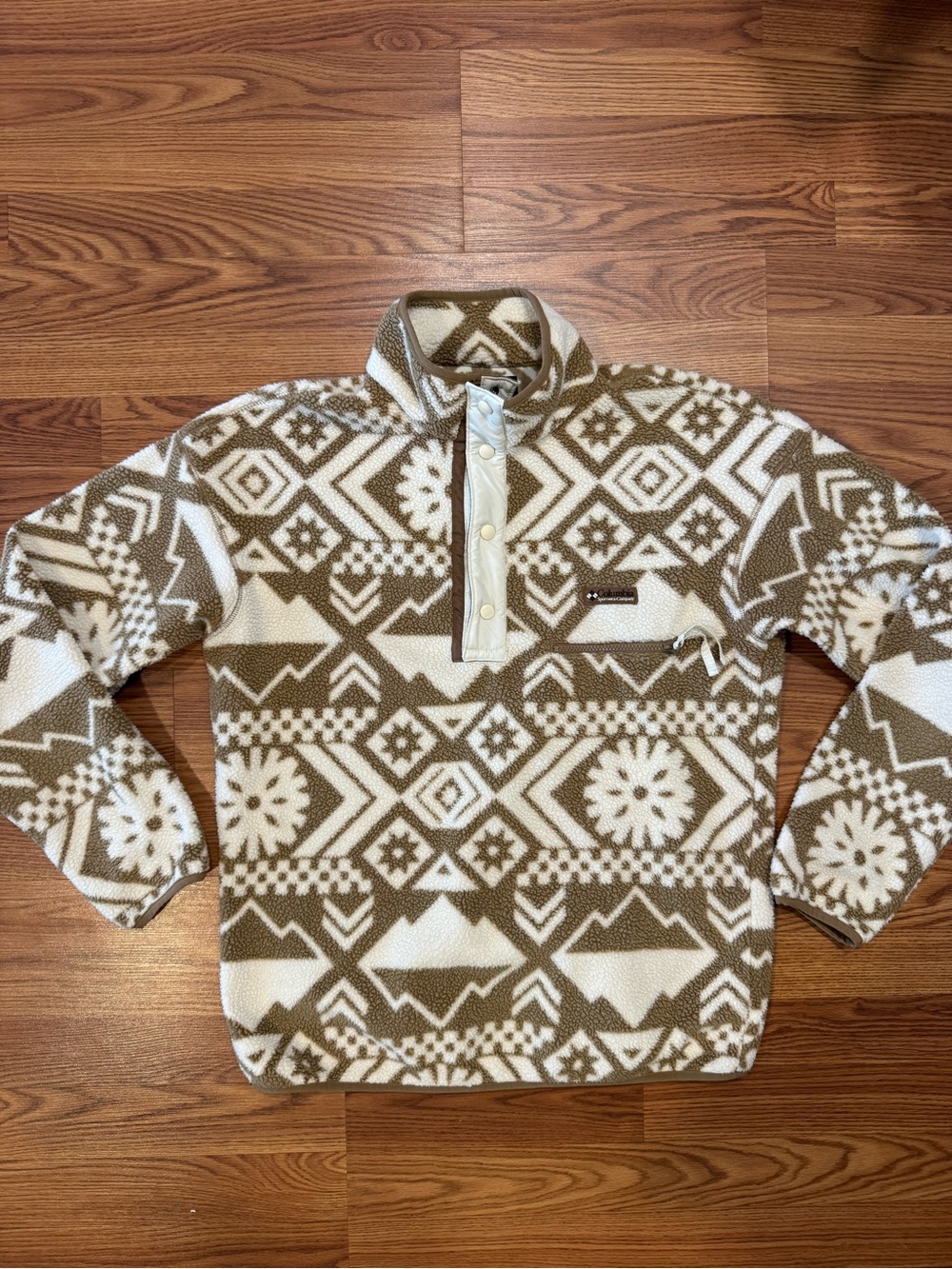 Columbia Fleece Pullover Jacket Medium Brown Cream Aztec Snap Neck